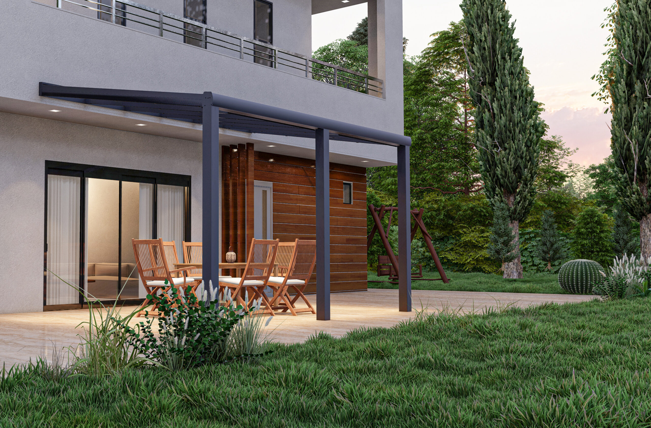 Fixed glass roof pergola side